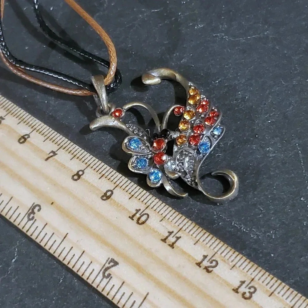 Rustic Antique Bronze Rhinestones Art Nouveau Pendant Necklace Vegan Leather - Picture 10 of 10